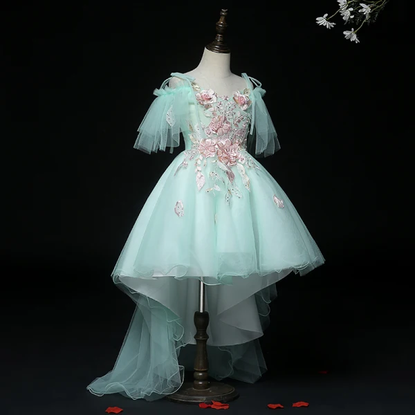 High Low Mint Green Birthday Flower Girl Dresses 2020 Ball Gown Spaghetti Straps Short Sleeve Backless Appliques Lace Pearl Rhinestone Sequins Asymmetrical Ruffle