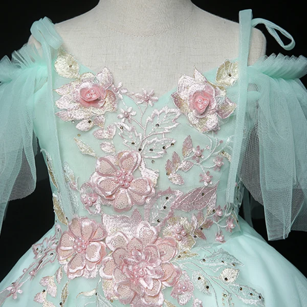 High Low Mint Green Birthday Flower Girl Dresses 2020 Ball Gown Spaghetti Straps Short Sleeve Backless Appliques Lace Pearl Rhinestone Sequins Asymmetrical Ruffle