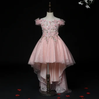 High Low Pearl Pink Birthday Flower Girl Dresses 2020 Ball Gown Off The Shoulder Short Sleeve Backless Lace Appliques Flower Rhinestone Asymmetrical Ruffle