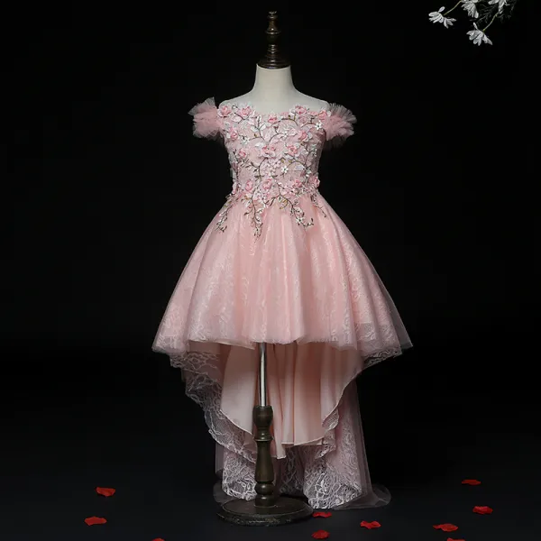 Wysoka Niska  Różowy Perłowy Urodziny Sukienki Dla Dziewczynek 2020 Suknia Balowa Przy Ramieniu Kótkie Rękawy Bez Pleców Z Koronki Aplikacje Kwiat Rhinestone Asymetryczny Wzburzyć
