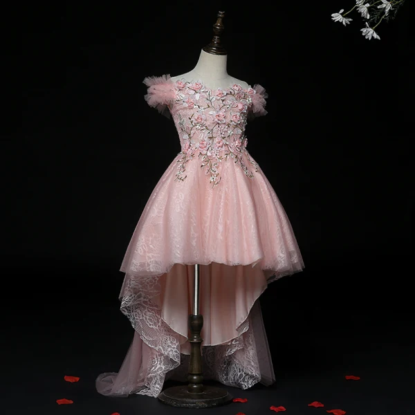 High Low Pearl Pink Birthday Flower Girl Dresses 2020 Ball Gown Off-The-Shoulder Short Sleeve Backless Lace Appliques Flower Rhinestone Asymmetrical Ruffle