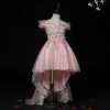 Wysoka Niska  Różowy Perłowy Urodziny Sukienki Dla Dziewczynek 2020 Suknia Balowa Przy Ramieniu Kótkie Rękawy Bez Pleców Z Koronki Aplikacje Kwiat Rhinestone Asymetryczny Wzburzyć