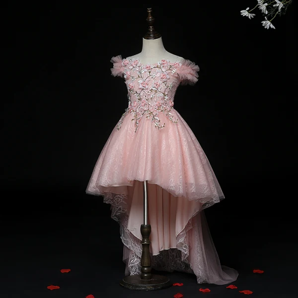 High Low Pearl Pink Birthday Flower Girl Dresses 2020 Ball Gown Off-The-Shoulder Short Sleeve Backless Lace Appliques Flower Rhinestone Asymmetrical Ruffle