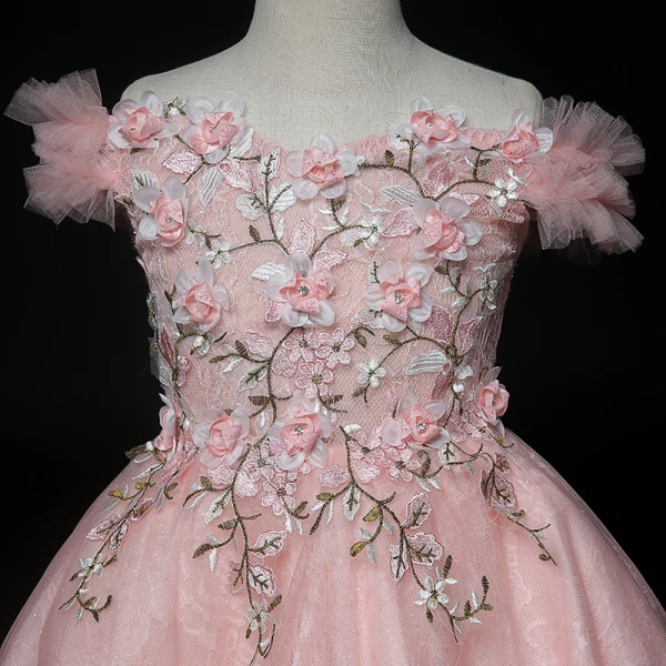 High Low Pearl Pink Birthday Flower Girl Dresses 2020 Ball Gown Off-The-Shoulder Short Sleeve Backless Lace Appliques Flower Rhinestone Asymmetrical Ruffle