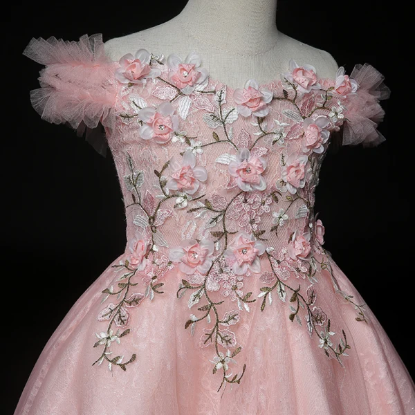 High Low Pearl Pink Birthday Flower Girl Dresses 2020 Ball Gown Off-The-Shoulder Short Sleeve Backless Lace Appliques Flower Rhinestone Asymmetrical Ruffle