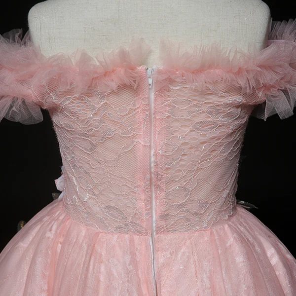 High Low Pearl Pink Birthday Flower Girl Dresses 2020 Ball Gown Off-The-Shoulder Short Sleeve Backless Lace Appliques Flower Rhinestone Asymmetrical Ruffle