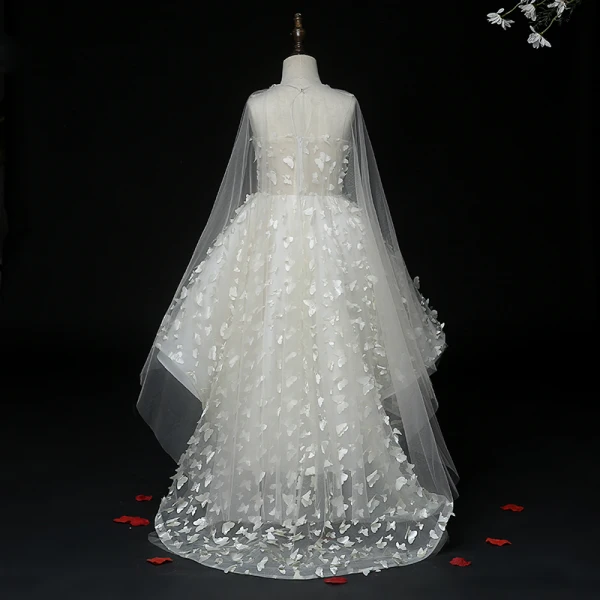 Fée Des Fleurs Blanche Transparentes Robe Ceremonie Fille 2020 Robe Boule Encolure Dégagée Sans Manches Appliques Papillon Perlage Gland Asymétrique Watteau Train Volants
