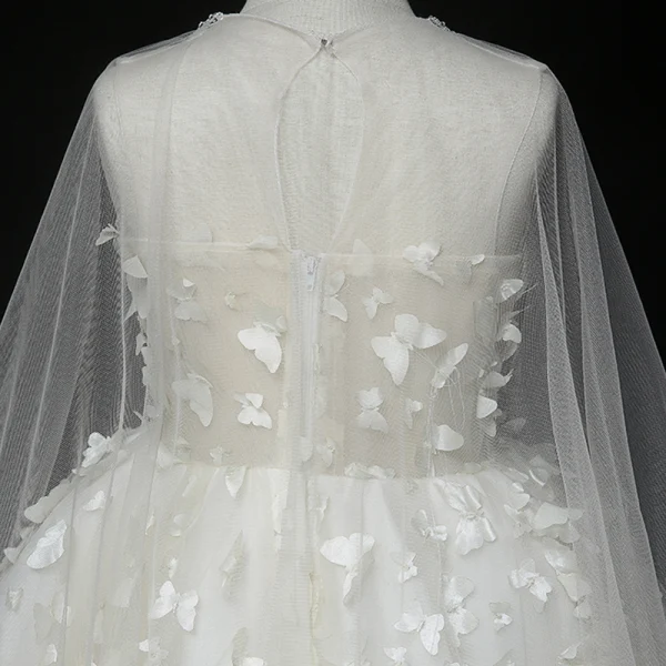 Fée Des Fleurs Blanche Transparentes Robe Ceremonie Fille 2020 Robe Boule Encolure Dégagée Sans Manches Appliques Papillon Perlage Gland Asymétrique Watteau Train Volants