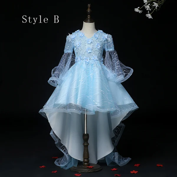 High Low Pool Blue See-through Birthday Flower Girl Dresses 2020 Ball Gown Off-The-Shoulder Short Sleeve Appliques Flower Lace Rhinestone Asymmetrical Ruffle