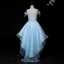 High Low Pool Blue See-through Birthday Flower Girl Dresses 2020 Ball Gown Off-The-Shoulder Short Sleeve Appliques Flower Lace Rhinestone Asymmetrical Ruffle