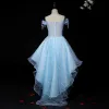 Haute Basse Bleu Transparentes Anniversaire Robe Ceremonie Fille 2020 Robe Boule De l'épaule Manches Courtes Appliques Fleur En Dentelle Faux Diamant Asymétrique Volants