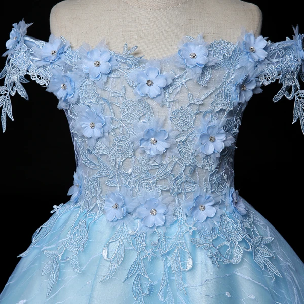 High Low Pool Blue See-through Birthday Flower Girl Dresses 2020 Ball Gown Off-The-Shoulder Short Sleeve Appliques Flower Lace Rhinestone Asymmetrical Ruffle