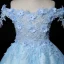 High Low Pool Blue See-through Birthday Flower Girl Dresses 2020 Ball Gown Off-The-Shoulder Short Sleeve Appliques Flower Lace Rhinestone Asymmetrical Ruffle