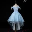 High Low Pool Blue See-through Birthday Flower Girl Dresses 2020 Ball Gown Off-The-Shoulder Short Sleeve Appliques Flower Lace Rhinestone Asymmetrical Ruffle