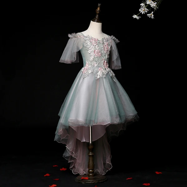 Chic / Beautiful Ink Blue Birthday Flower Girl Dresses 2020 Ball Gown Off-The-Shoulder Short Sleeve Backless Appliques Lace Beading Pearl Asymmetrical Ruffle