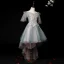 Chic / Beautiful Ink Blue Birthday Flower Girl Dresses 2020 Ball Gown Off-The-Shoulder Short Sleeve Backless Appliques Lace Beading Pearl Asymmetrical Ruffle