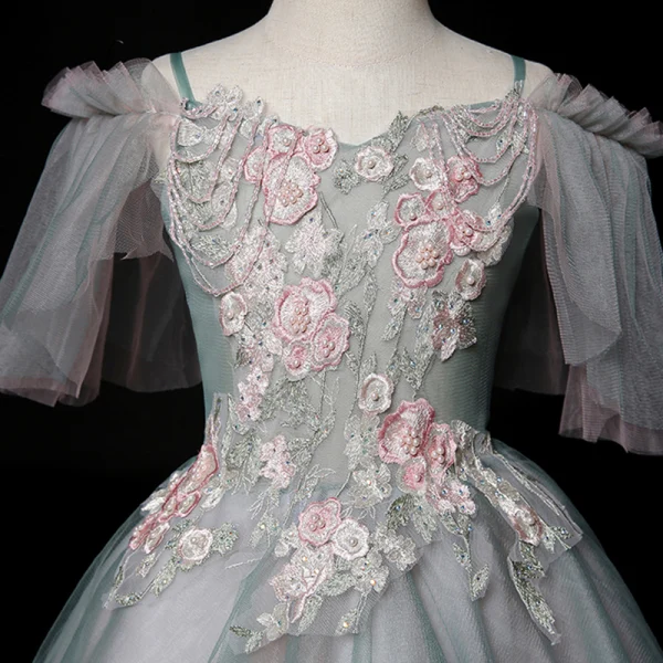 Chic / Beautiful Ink Blue Birthday Flower Girl Dresses 2020 Ball Gown Off-The-Shoulder Short Sleeve Backless Appliques Lace Beading Pearl Asymmetrical Ruffle