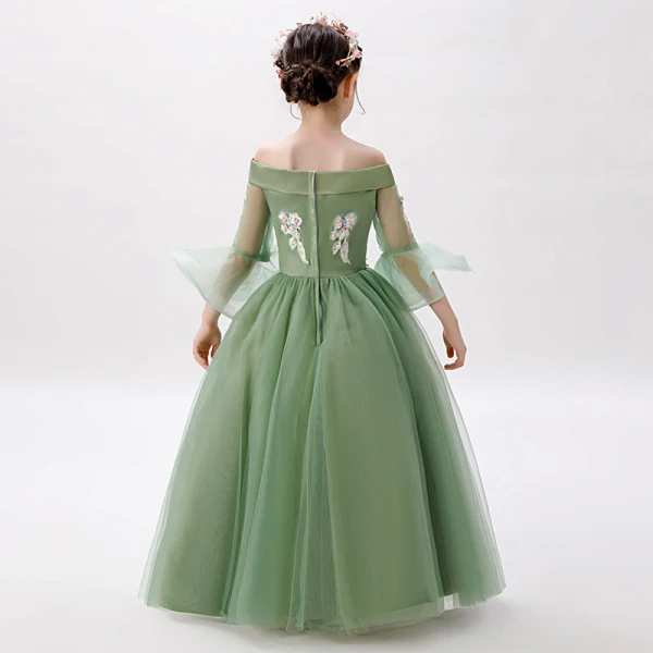 Chic / Beautiful Birthday Flower Girl Dresses 2020 Ball Gown Off-The-Shoulder 3/4 Sleeve Bell sleeves Backless Appliques Lace Beading Pearl Floor-Length / Long Ruffle
