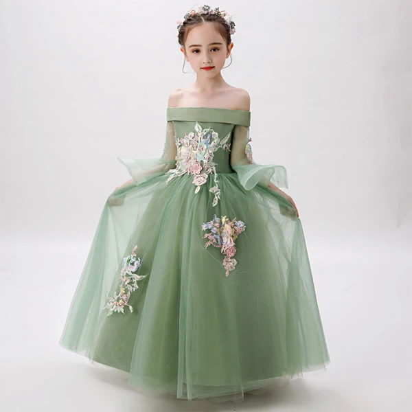 Chic / Beautiful Birthday Flower Girl Dresses 2020 Ball Gown Off-The-Shoulder 3/4 Sleeve Bell sleeves Backless Appliques Lace Beading Pearl Floor-Length / Long Ruffle