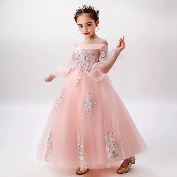 Chic / Beautiful Birthday Flower Girl Dresses 2020 Ball Gown Off-The-Shoulder 3/4 Sleeve Bell sleeves Backless Appliques Lace Beading Pearl Floor-Length / Long Ruffle
