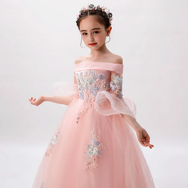 Chic / Beautiful Birthday Flower Girl Dresses 2020 Ball Gown Off-The-Shoulder 3/4 Sleeve Bell sleeves Backless Appliques Lace Beading Pearl Floor-Length / Long Ruffle