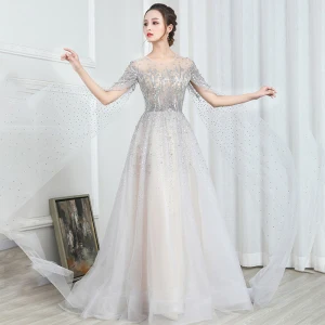 Illusion Champagne Grey See Through Evening Dresses 2020 A Line Princess Scoop Neck Short Sleeve Sequins Beading Glitter Tulle Watteau Train Formal Dresses