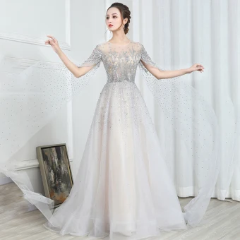 Illusion Champagne Grey See Through Evening Dresses 2020 A Line Princess Scoop Neck Short Sleeve Sequins Beading Glitter Tulle Watteau Train Formal Dresses