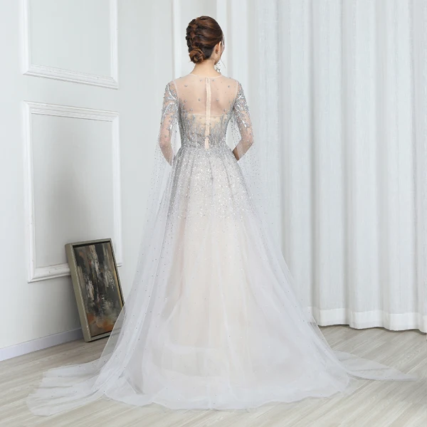 Illusion Champagne Gris Transparentes Robe De Soirée 2020 Princesse Encolure Dégagée Manches Courtes Paillettes Perlage Glitter Tulle Watteau Train Robe De Ceremonie