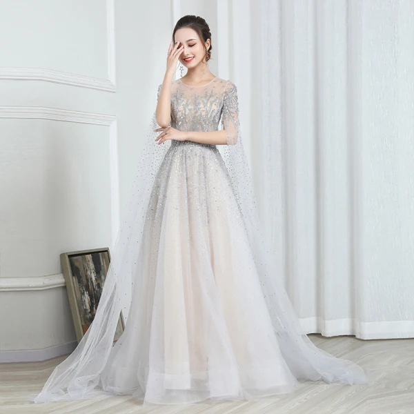 Illusion Champagne Gris Transparentes Robe De Soirée 2020 Princesse Encolure Dégagée Manches Courtes Paillettes Perlage Glitter Tulle Watteau Train Robe De Ceremonie