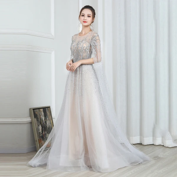 Illusion Champagne Gris Transparentes Robe De Soirée 2020 Princesse Encolure Dégagée Manches Courtes Paillettes Perlage Glitter Tulle Watteau Train Robe De Ceremonie
