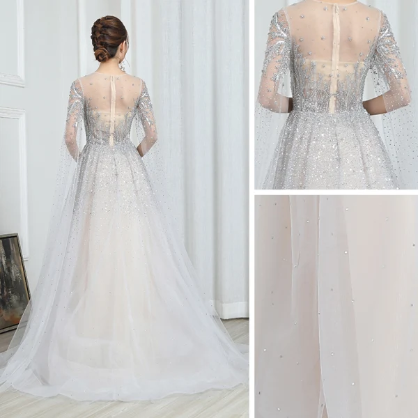 Illusion Champagne Gris Transparentes Robe De Soirée 2020 Princesse Encolure Dégagée Manches Courtes Paillettes Perlage Glitter Tulle Watteau Train Robe De Ceremonie