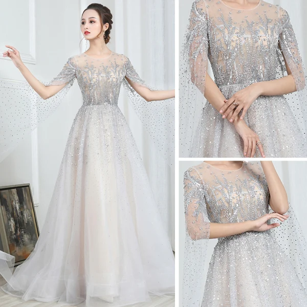 Illusion Champagne Gris Transparentes Robe De Soirée 2020 Princesse Encolure Dégagée Manches Courtes Paillettes Perlage Glitter Tulle Watteau Train Robe De Ceremonie