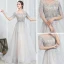 Illusion Champagne Gris Transparentes Robe De Soirée 2020 Princesse Encolure Dégagée Manches Courtes Paillettes Perlage Glitter Tulle Watteau Train Robe De Ceremonie