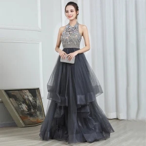 Mode Gris Robe De Soirée 2020 Princesse Titulaire Sans Manches Perlage Longue Volants En Cascade Dos Nu Robe De Ceremonie