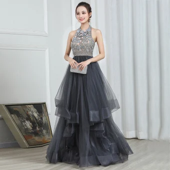 Fashion Grey Evening Dresses 2020 A Line Princess Halter Sleeveless Beading Floor Length Long Cascading Ruffles Backless Formal Dresses