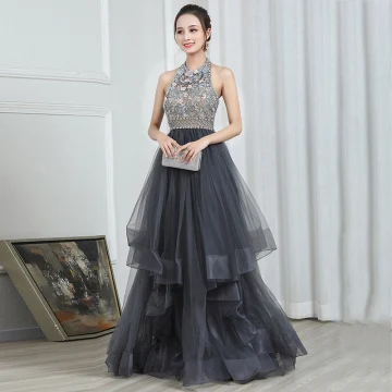 Moda Gris Vestidos De Noche 2020 A Line Princess Halter Sin Mangas Rebordear Largos Volantes En Cascada Sin Espalda Vestidos Formales