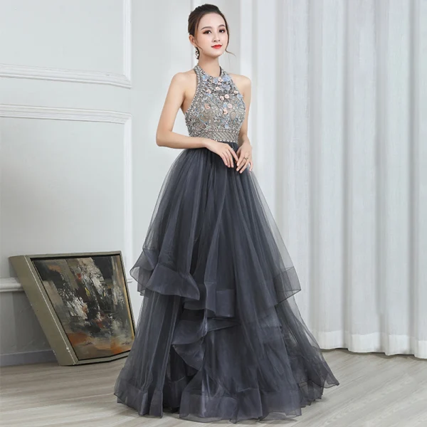 Fashion Grey Evening Dresses 2020 A-Line / Princess Halter Sleeveless Beading Floor-Length / Long Cascading Ruffles Backless Formal Dresses