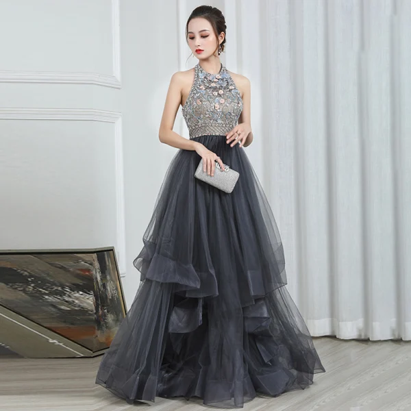 Fashion Grey Evening Dresses 2020 A-Line / Princess Halter Sleeveless Beading Floor-Length / Long Cascading Ruffles Backless Formal Dresses