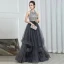 Fashion Grey Evening Dresses  2020 A-Line / Princess Halter Sleeveless Beading Floor-Length / Long Cascading Ruffles Backless Formal Dresses