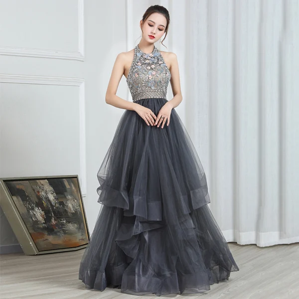 Fashion Grey Evening Dresses 2020 A-Line / Princess Halter Sleeveless Beading Floor-Length / Long Cascading Ruffles Backless Formal Dresses