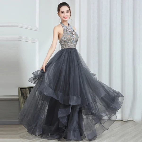Fashion Grey Evening Dresses 2020 A-Line / Princess Halter Sleeveless Beading Floor-Length / Long Cascading Ruffles Backless Formal Dresses