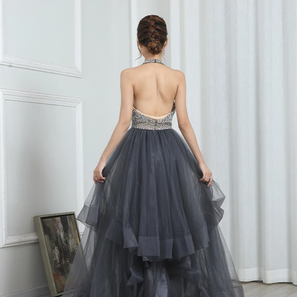 Fashion Grey Evening Dresses 2020 A-Line / Princess Halter Sleeveless Beading Floor-Length / Long Cascading Ruffles Backless Formal Dresses