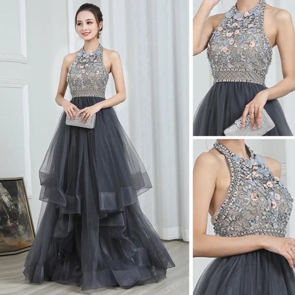 Fashion Grey Evening Dresses 2020 A-Line / Princess Halter Sleeveless Beading Floor-Length / Long Cascading Ruffles Backless Formal Dresses