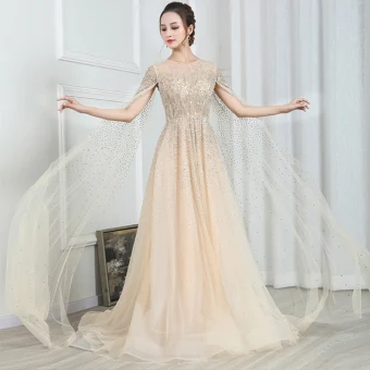 High End Gold See Through Evening Dresses 2020 A Line Princess Scoop Neck Short Sleeve Beading Watteau Train Ruffle Formal Dresses