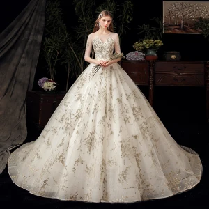 Chic Beautiful Ivory Bridal Wedding Dresses 2020 Ball Gown See Through Scoop Neck 1 2 Sleeves Backless Appliques Sequins Chapel Train Ruffle
