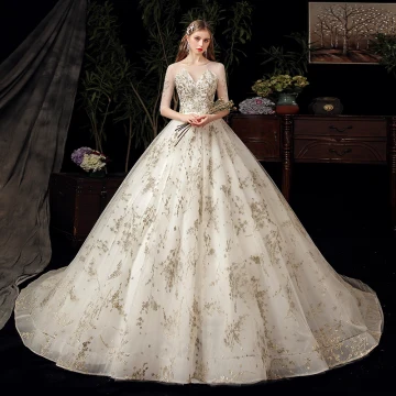 Chic Beautiful Ivory Bridal Wedding Dresses 2020 Ball Gown See Through Scoop Neck 1 2 Sleeves Backless Appliques Sequins Chapel Train Ruffle