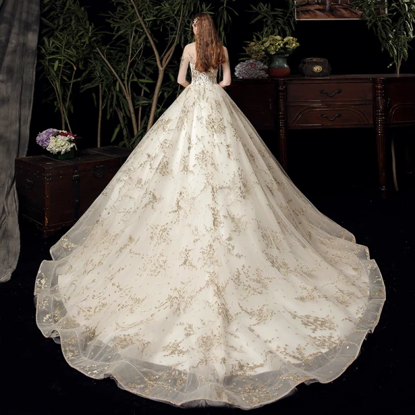 Schöne Ivory / Creme Hochzeits Brautkleider / Hochzeitskleider 2020 Ballkleid Durchsichtige Rundhalsausschnitt 1/2 Ärmel Rückenfreies Applikationen Pailletten Kapelle-Schleppe Rüschen