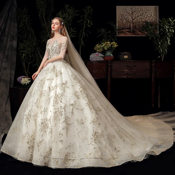 Schöne Ivory / Creme Hochzeits Brautkleider / Hochzeitskleider 2020 Ballkleid Durchsichtige Rundhalsausschnitt 1/2 Ärmel Rückenfreies Applikationen Pailletten Kapelle-Schleppe Rüschen