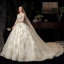 Schöne Ivory / Creme Hochzeits Brautkleider / Hochzeitskleider 2020 Ballkleid Durchsichtige Rundhalsausschnitt 1/2 Ärmel Rückenfreies Applikationen Pailletten Kapelle-Schleppe Rüschen