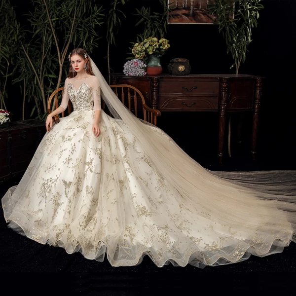 Schöne Ivory / Creme Hochzeits Brautkleider / Hochzeitskleider 2020 Ballkleid Durchsichtige Rundhalsausschnitt 1/2 Ärmel Rückenfreies Applikationen Pailletten Kapelle-Schleppe Rüschen